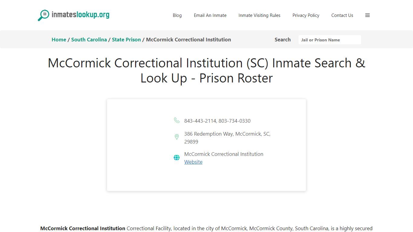 McCormick Correctional Institution (SC) Inmate Search & Look Up ...