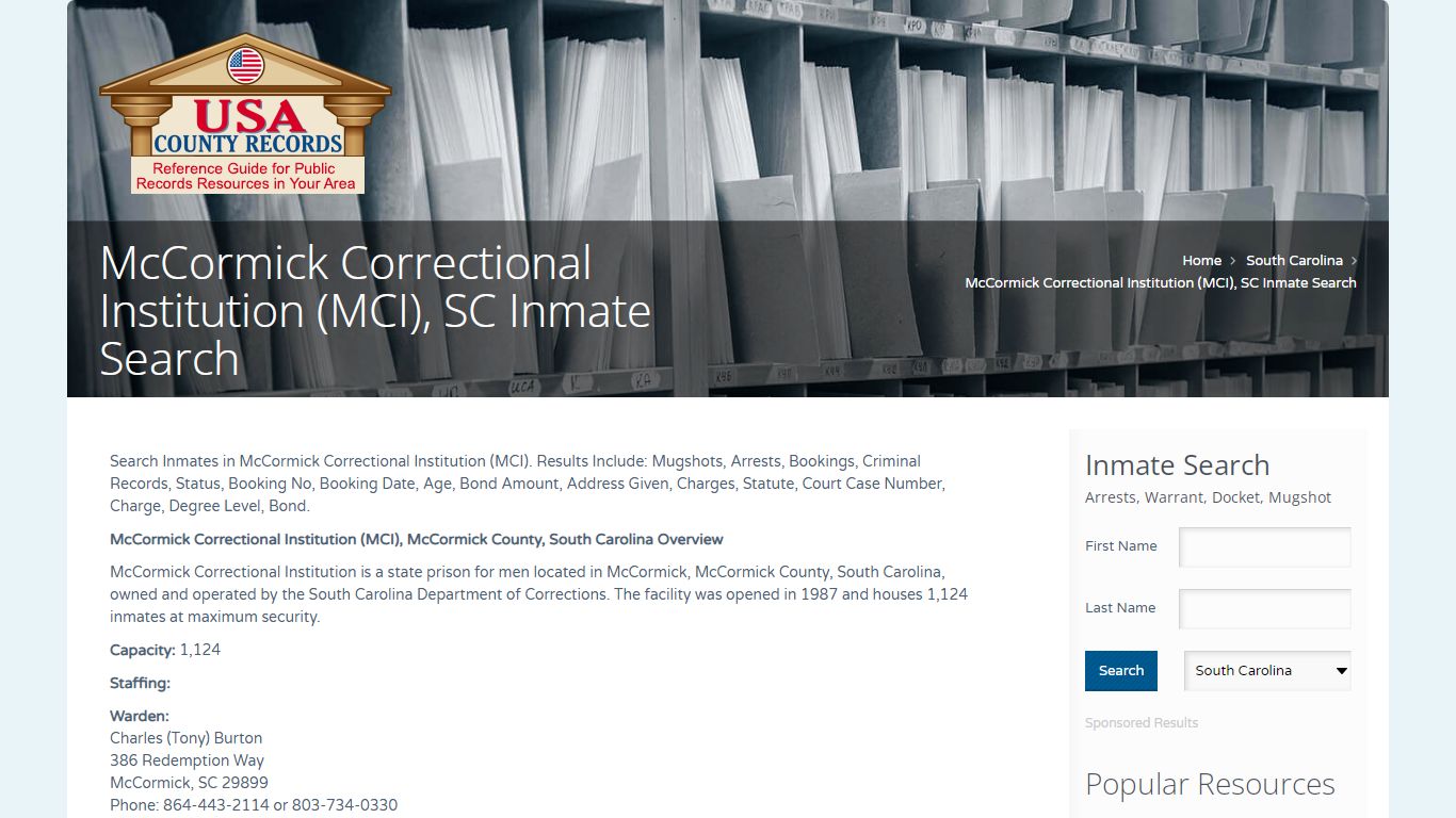 McCormick Correctional Institution (MCI), SC Inmate Search